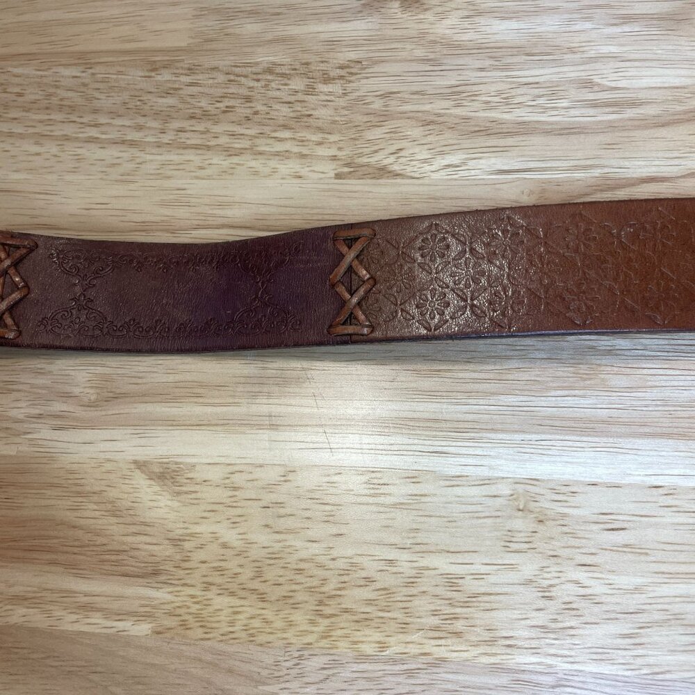 Fossil Patchwork Tooled Leather Western X Belt Wo… - image 5